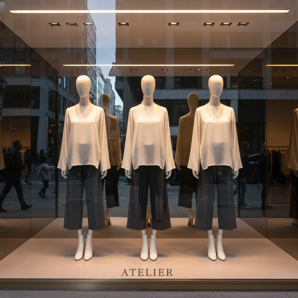 Escaparate moderno de tienda de ropa con iluminación y maniquíes