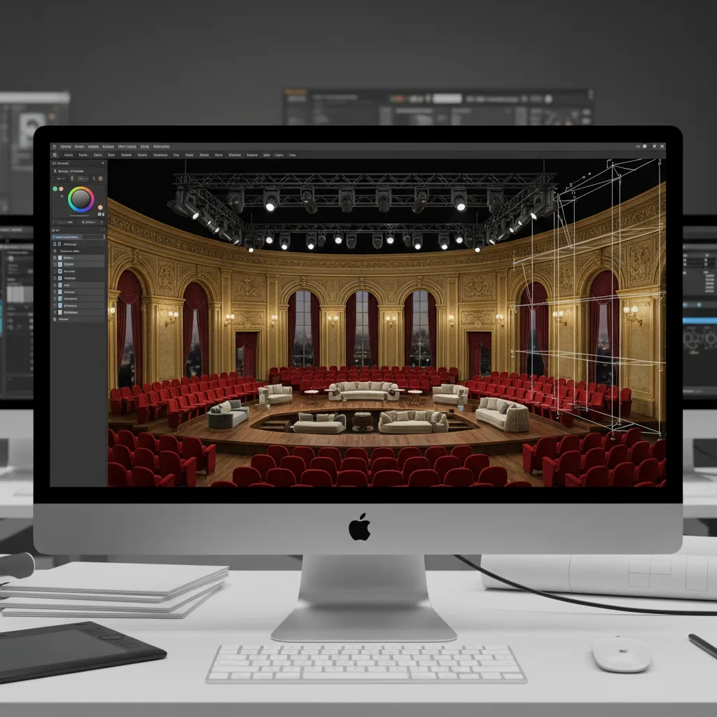 Modelo 3D de un escenario teatral con distribución de muebles