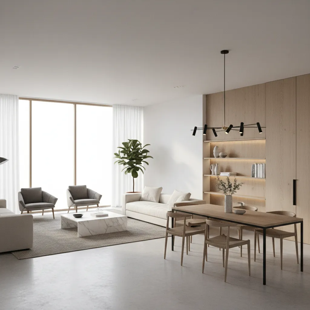 Modern living room with white sofa marble table and dining area under black ceiling light