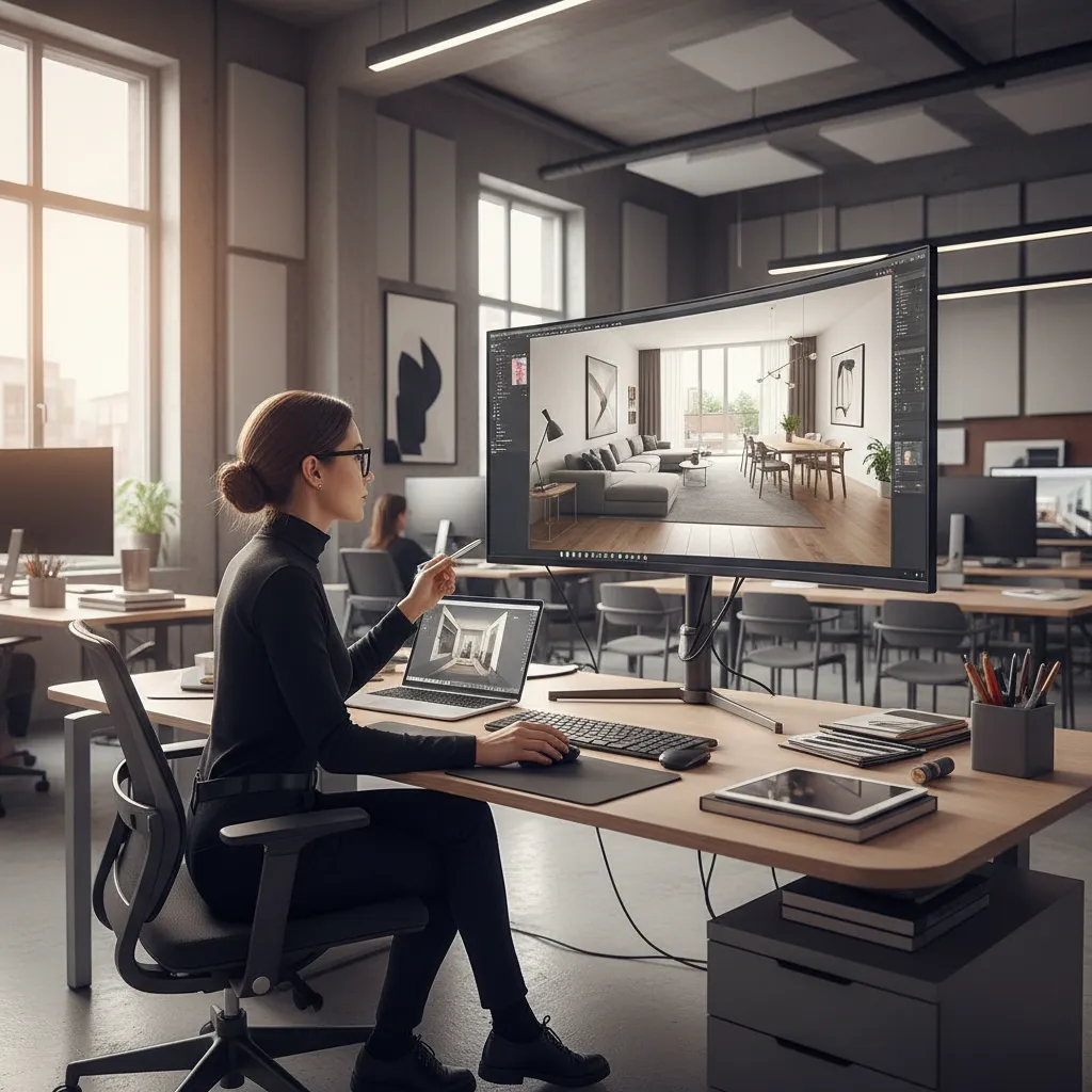 Diseñador trabajando en un modelo 3D de interior en ordenador