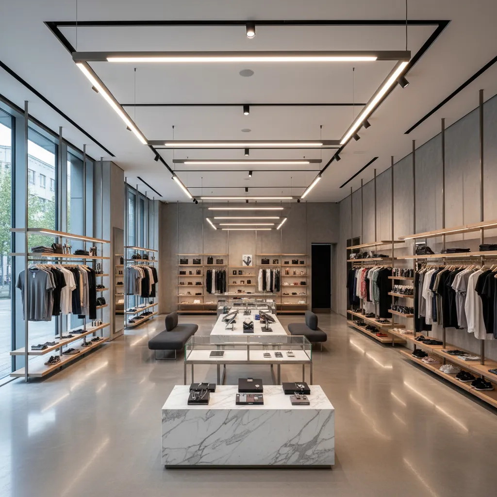 Diseño interior de una tienda moderna con iluminación profesional