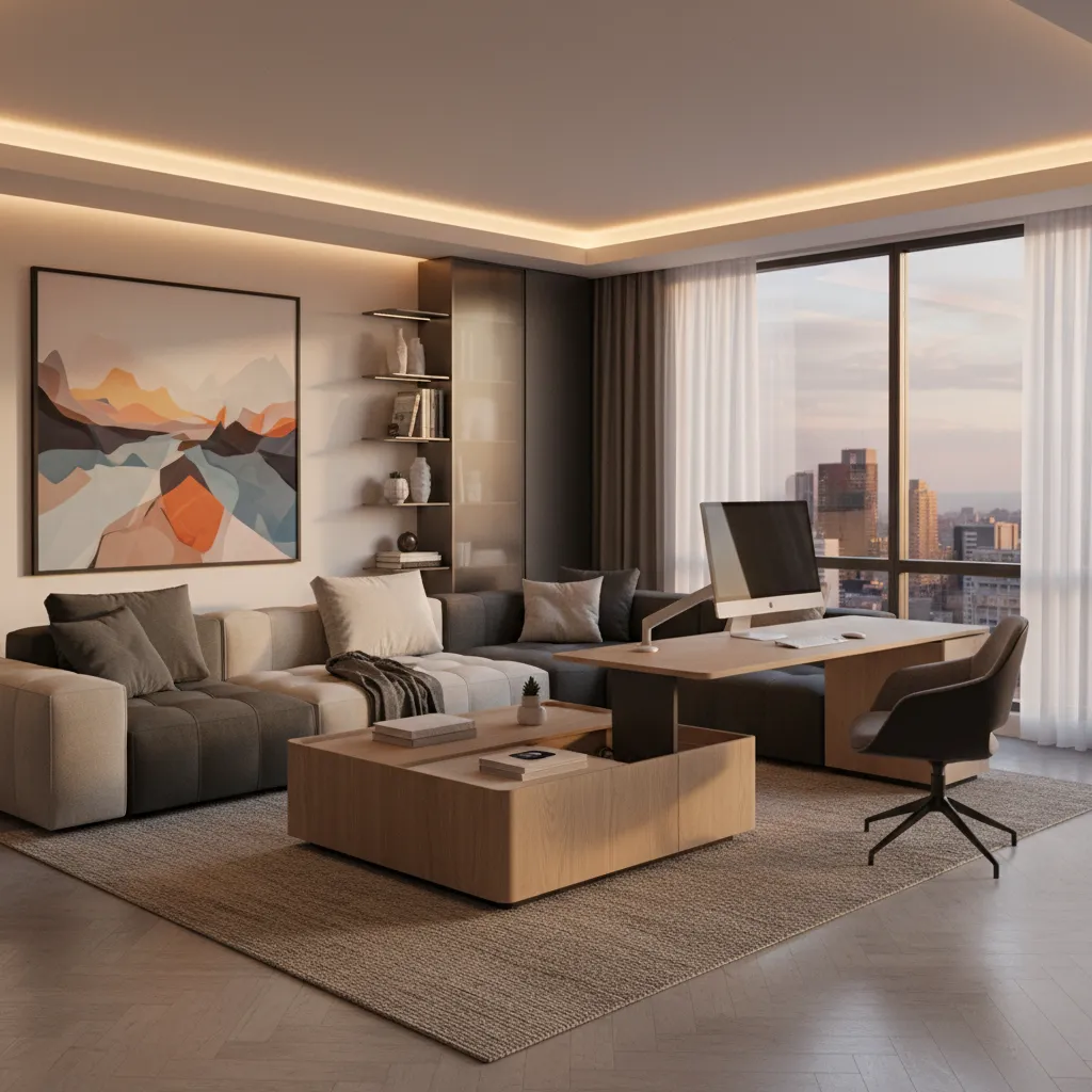 Espacio híbrido de salón y área de trabajo en casa