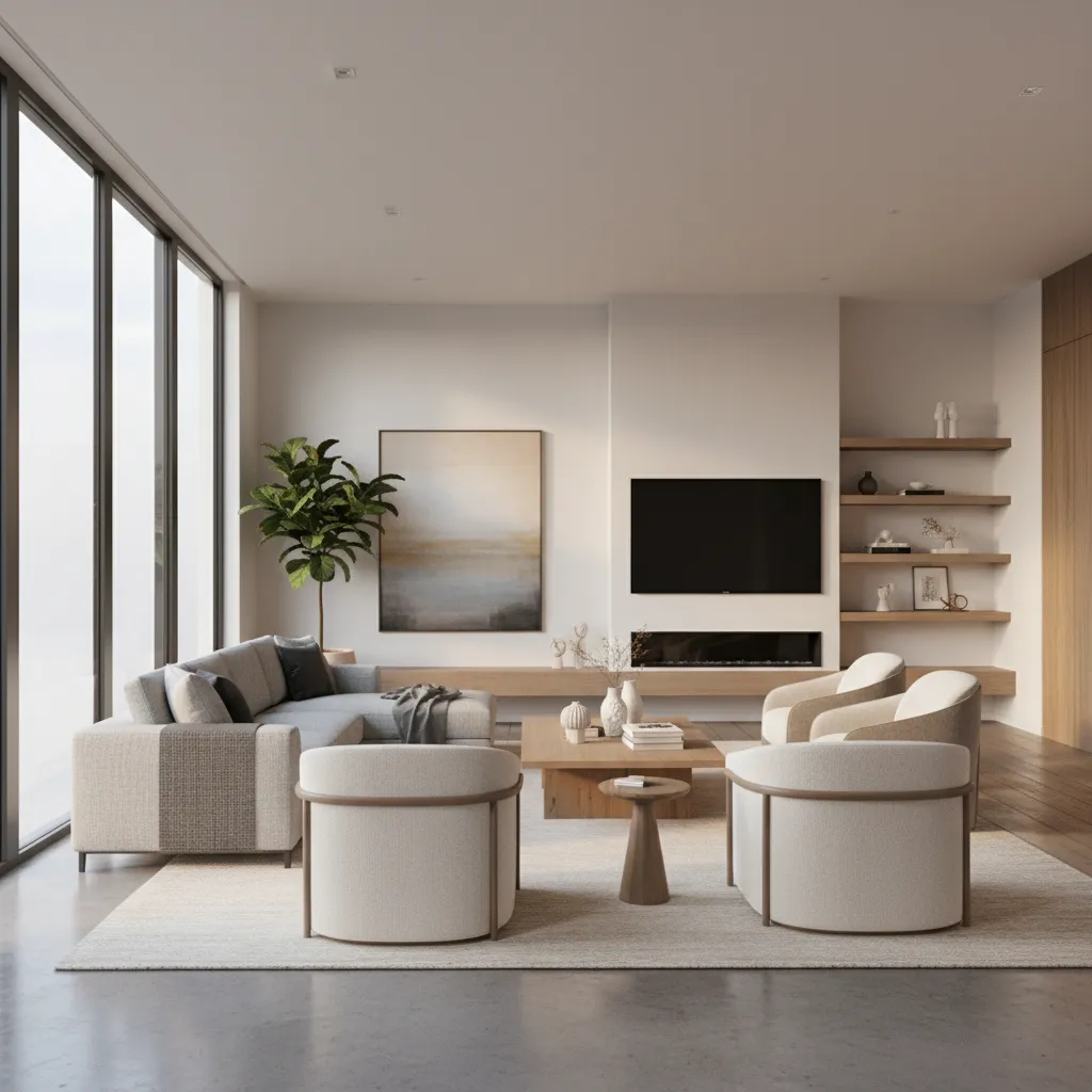 Modern living room interior design drawing with grey sofa white chairs television and large windows