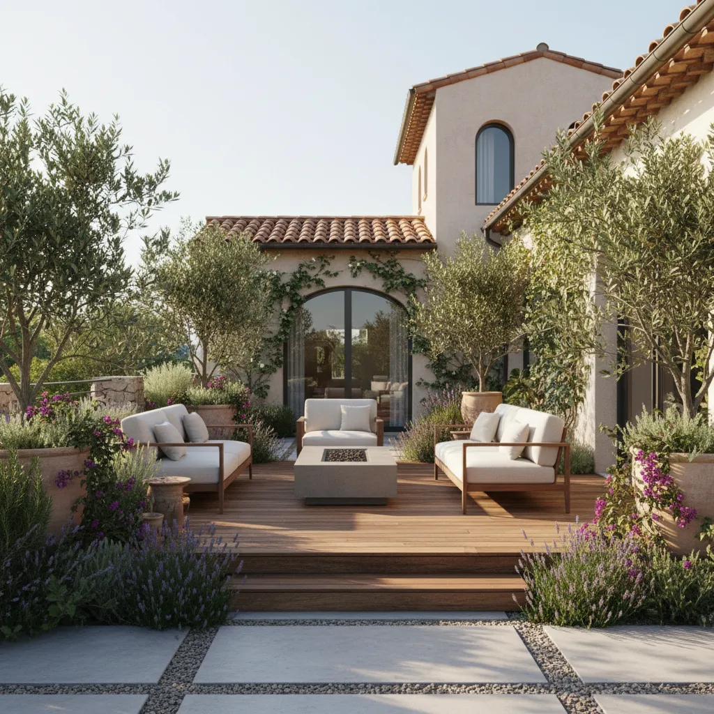 Mediterranean outdoor patio with wooden deck sofas fire pit olive trees and tiled roof house