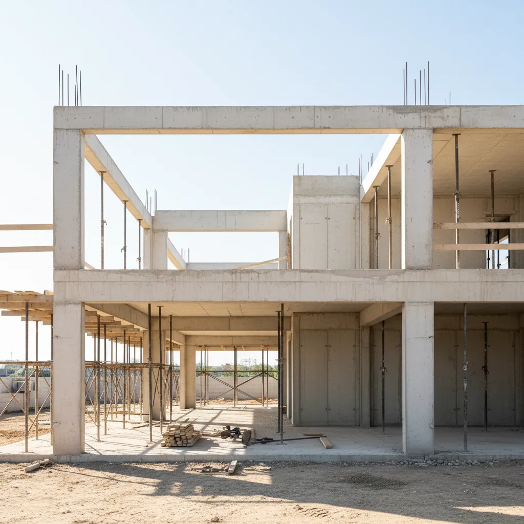 Concrete house frame under construction with support beams and open rooms during the building process