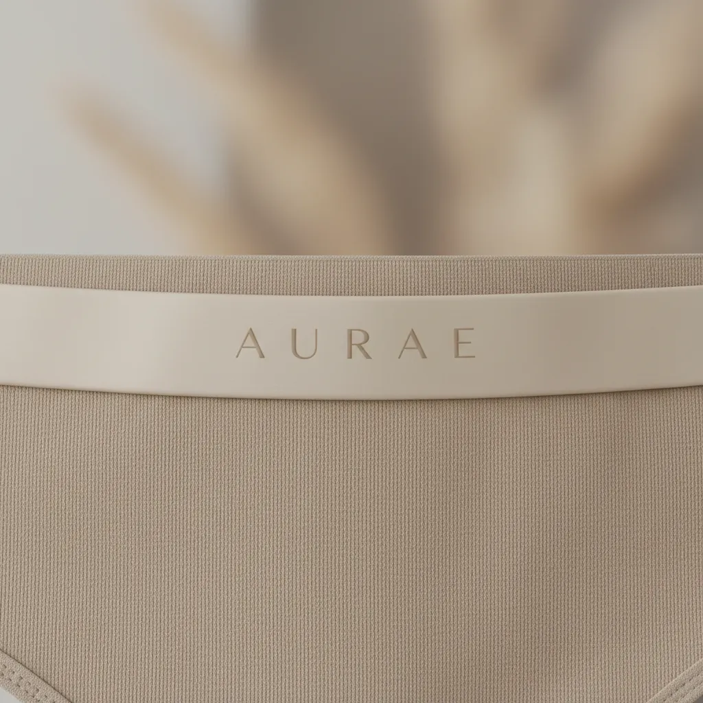 Beige underwear waistband with brand name aurae printed in simple letters on a soft fabric