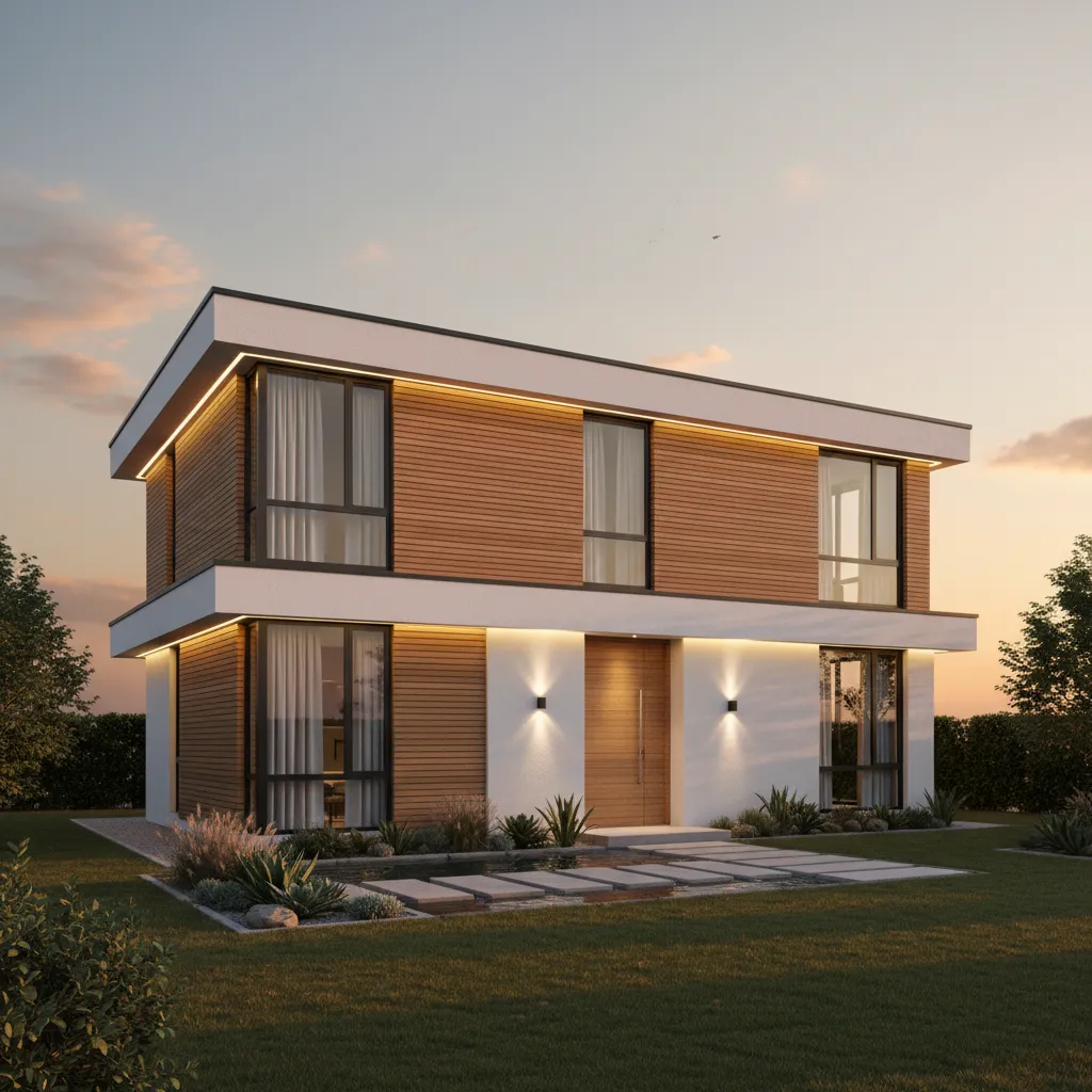 Two story modern house with wood walls large windows warm wall lights and stone path
