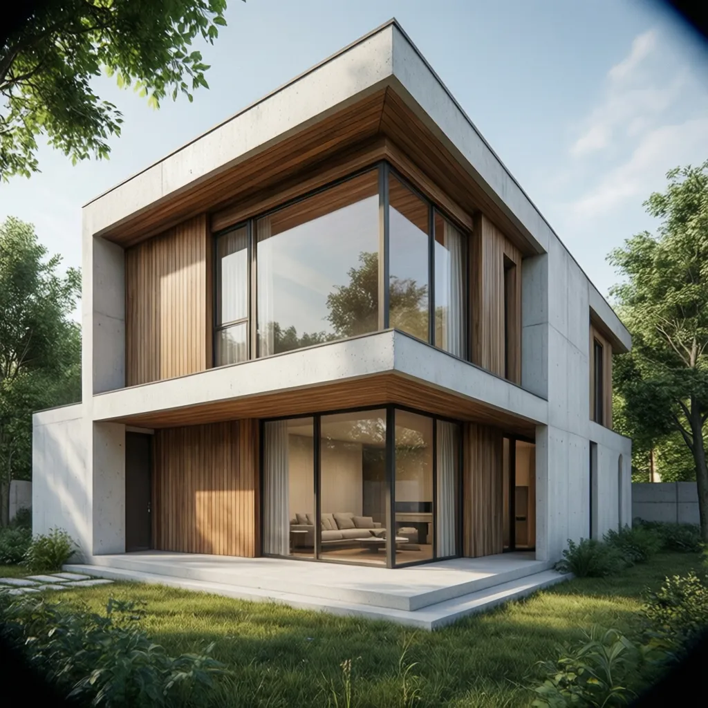 Modelo 3D de una fachada moderna con grandes ventanas y revestimiento de madera