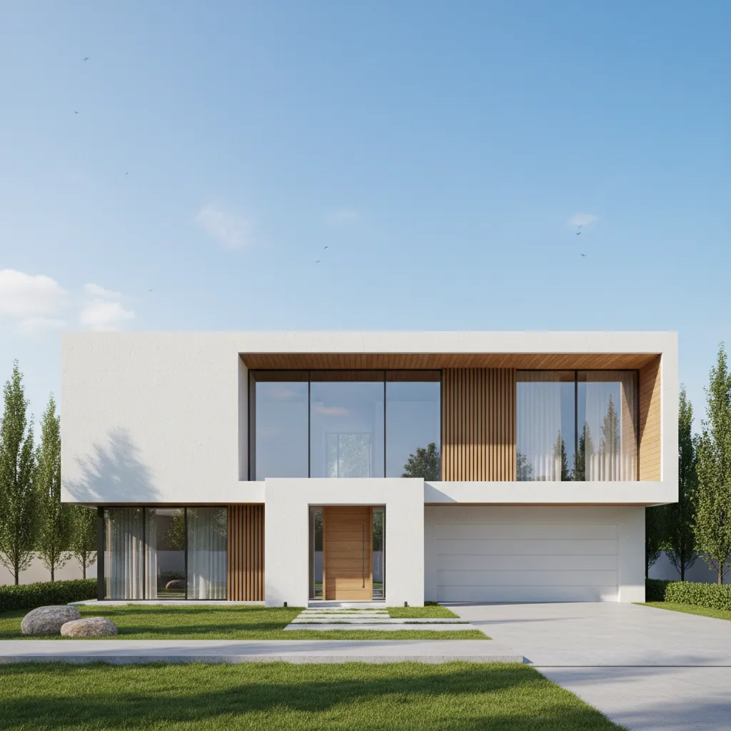Modelo 3D de una casa moderna con fachada minimalista