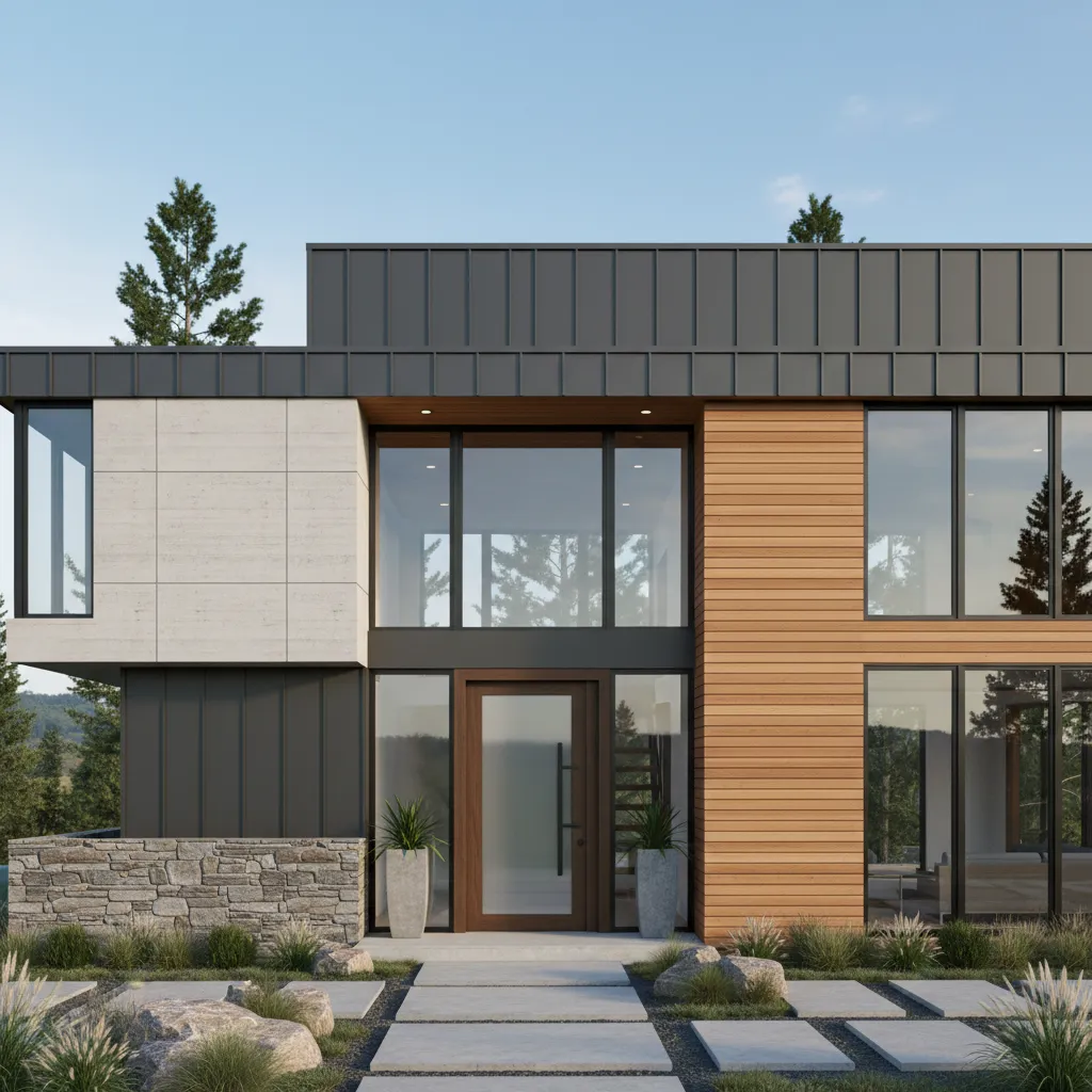 Render arquitectónico de fachada de casa mostrando diseño de muros exteriores