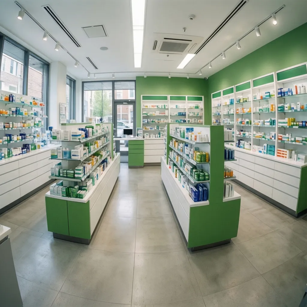 Modern pharmacy interior with green walls white display shelves medicine bottles and bright ceiling light