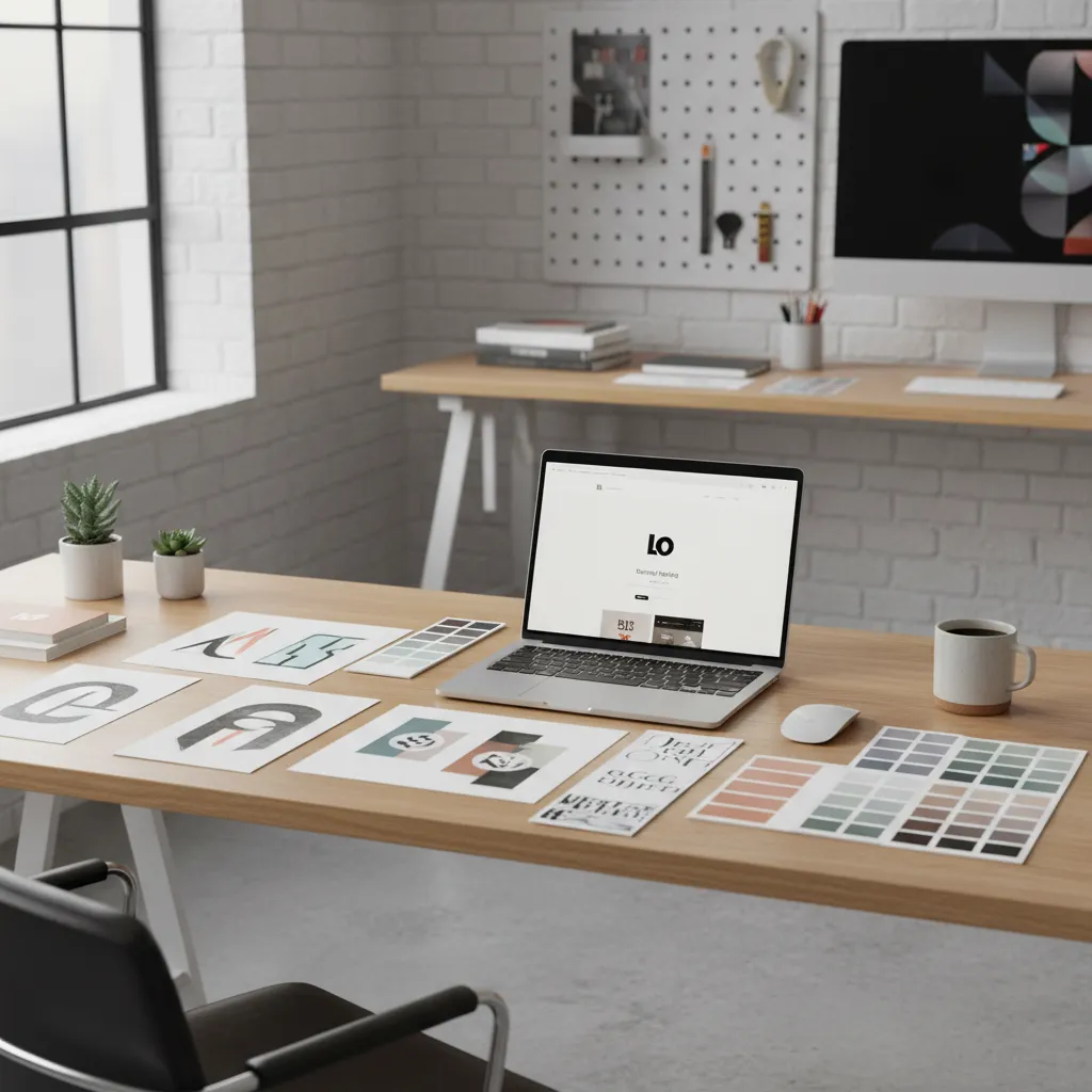 Mesa de trabajo con logotipos, tipografías y bocetos de identidad visual