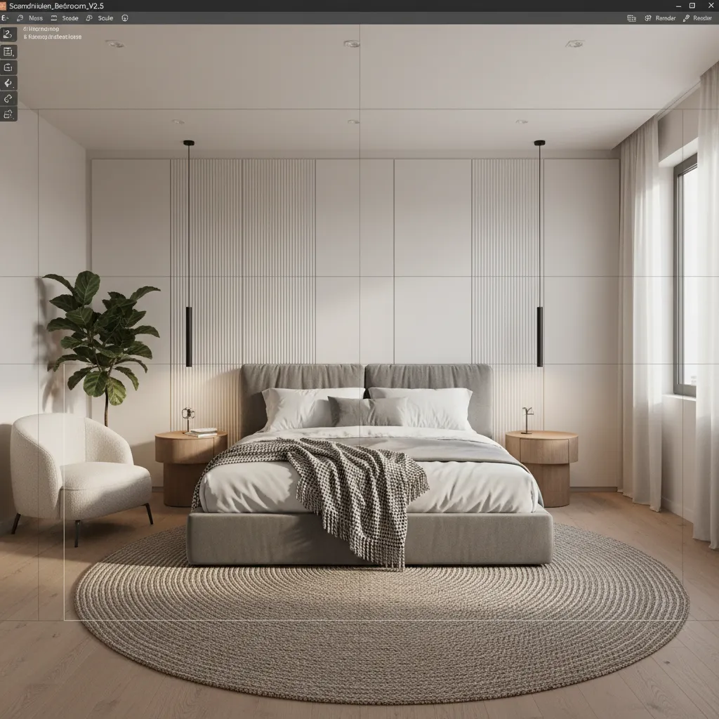 Modern bedroom featuring gray bed, white wall panels, round rug, wooden cabinets, and hanging light fixtures