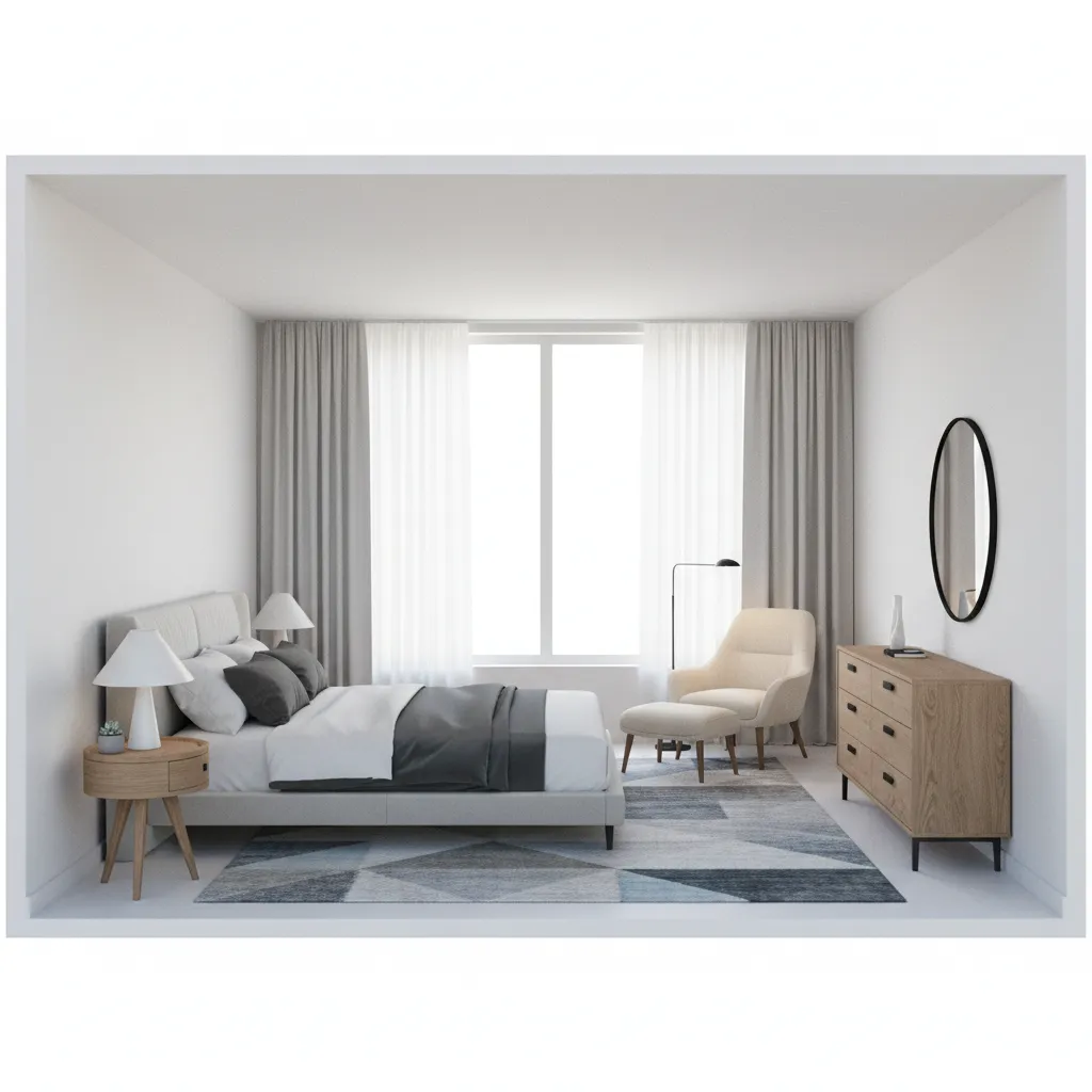 Diseño de habitación en 3D mostrando distribución de muebles