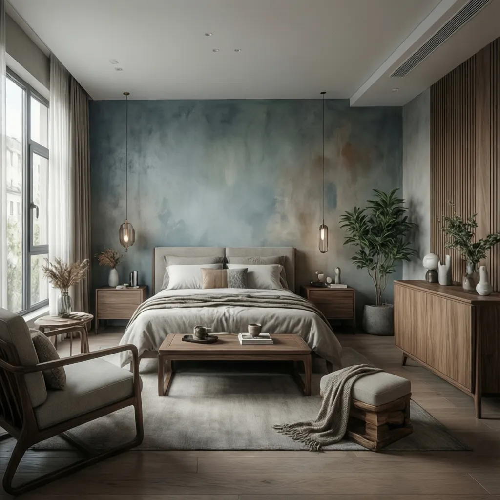Modern bedroom with blue watercolor wall, wooden bed, grey armchair, footrest, wood cabinet and light