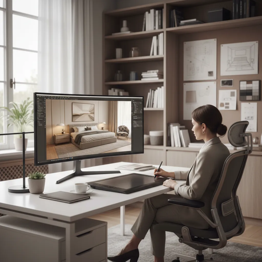 pantalla de software de diseño mostrando habitación en 3D con muebles