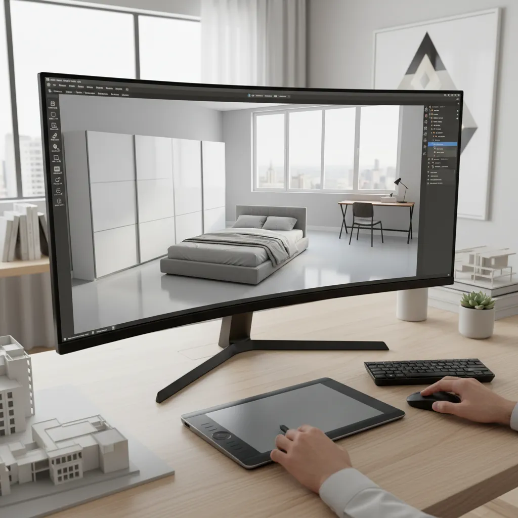 proceso de diseño de habitación colocando muebles en un software 3D