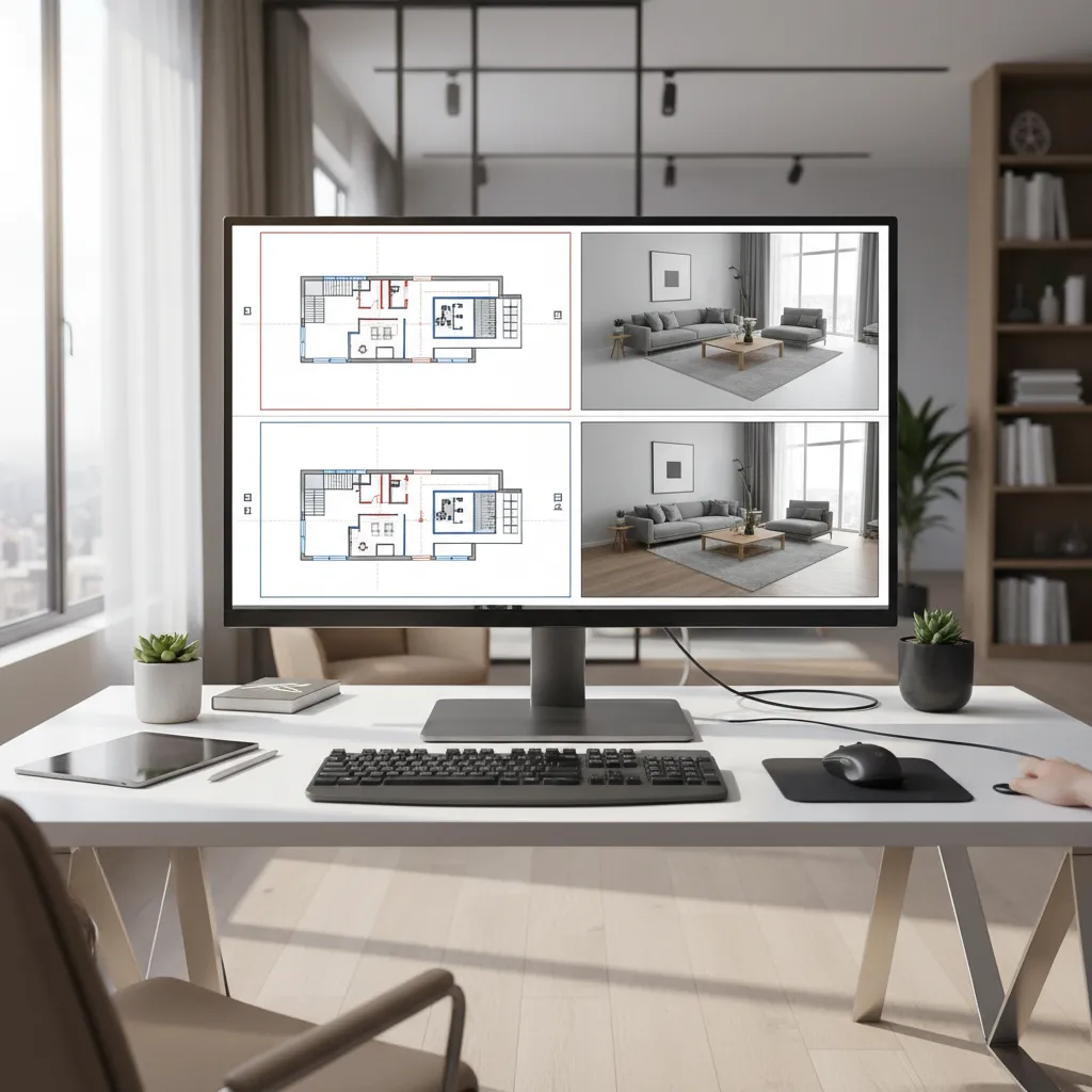 Computer screen on a white desk showing floor plan drawings and modern living room designs