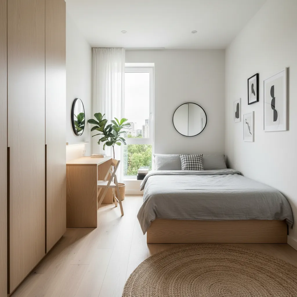 Diseño optimizado de una habitación pequeña con escritorio y cama