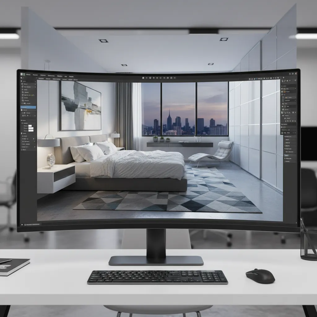 Render 3D de una habitación mostrando planificación digital del diseño interior