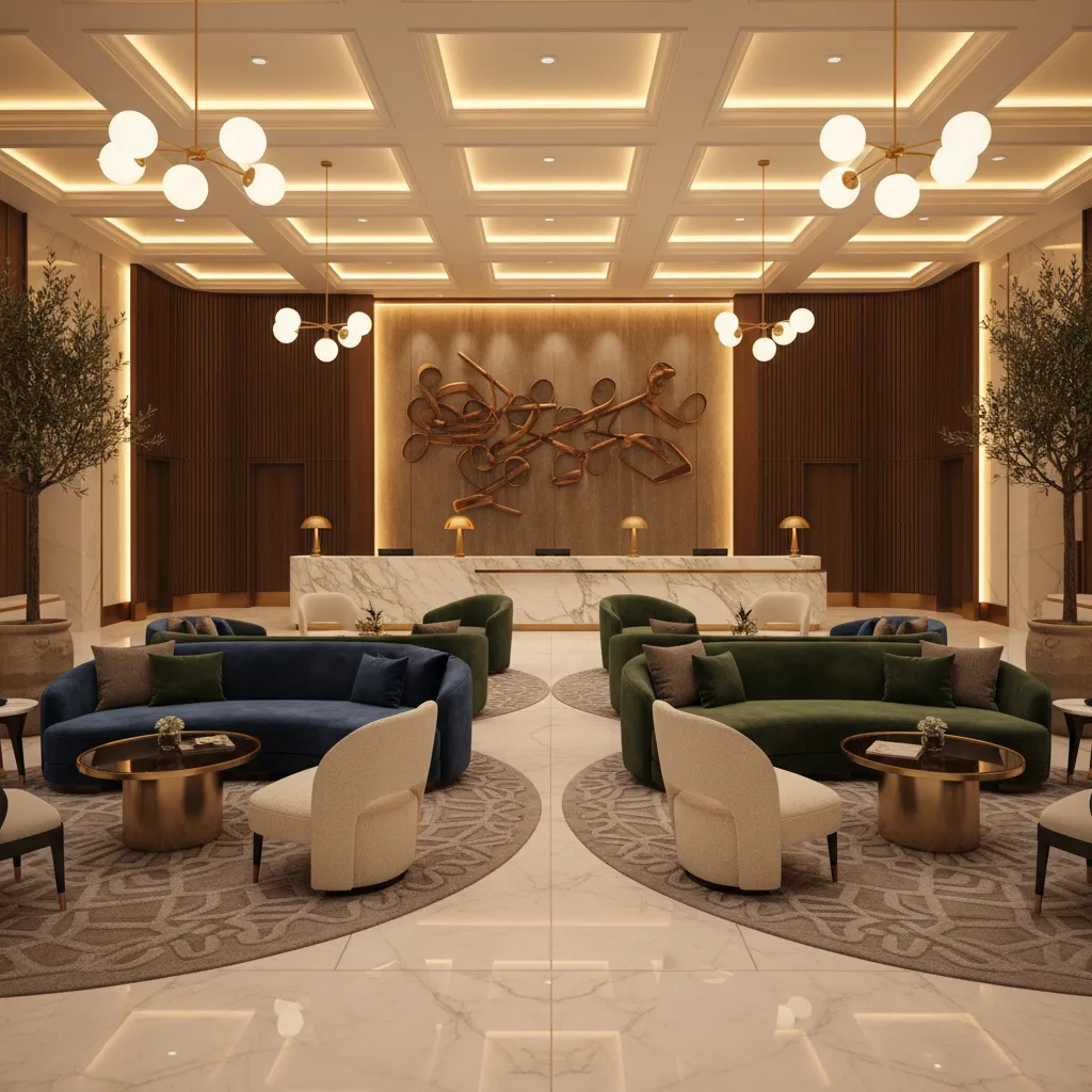 Lobby de hotel con diseño elegante y materiales duraderos