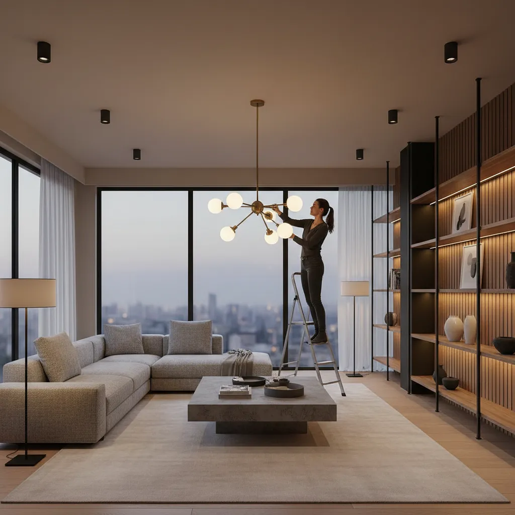 Diseñador evaluando iluminación en un espacio interior moderno