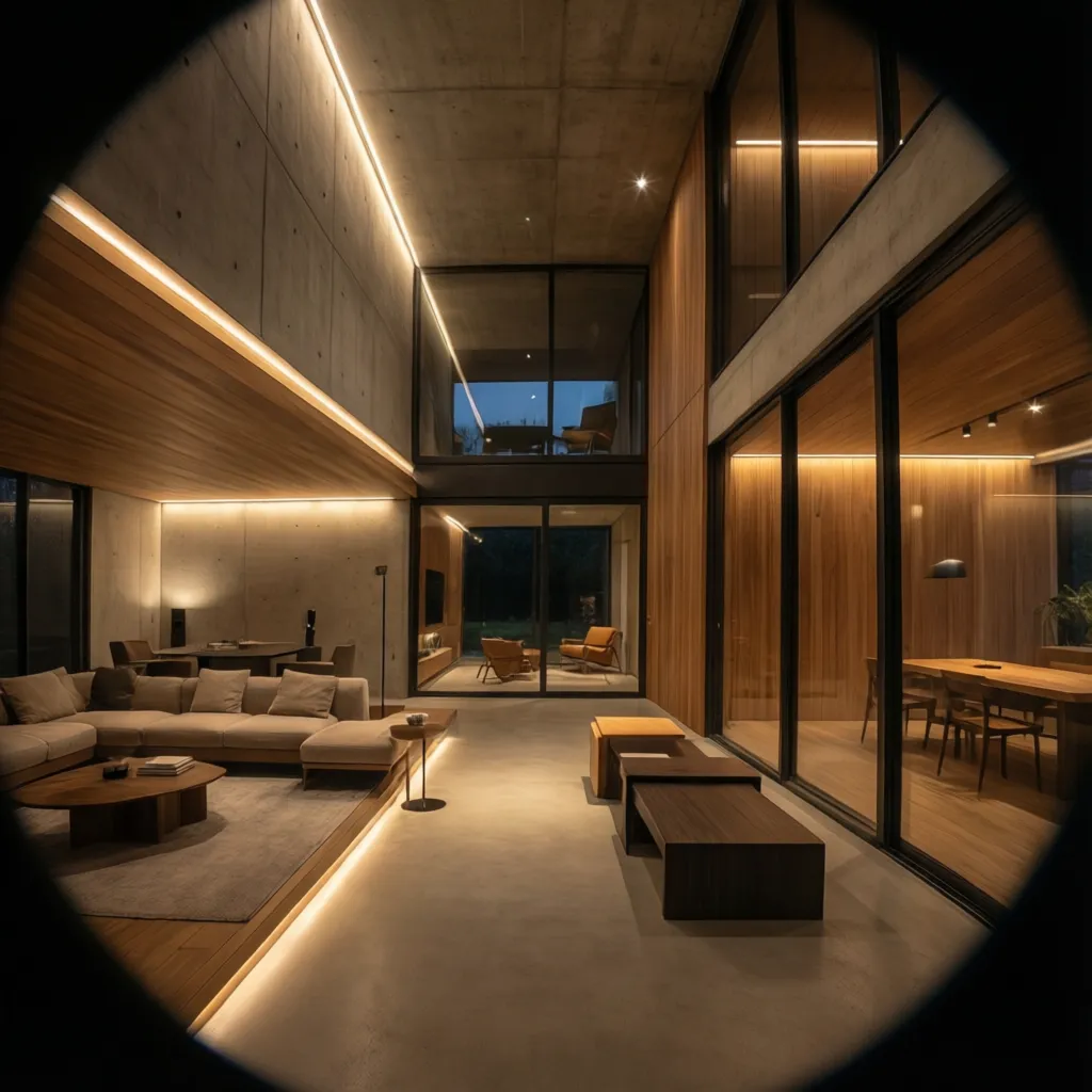 Interior mostrando diferentes capas de iluminación arquitectónica
