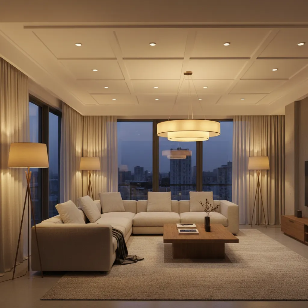 Modern living room with large sofa coffee table floor lamps and ceiling light near windows