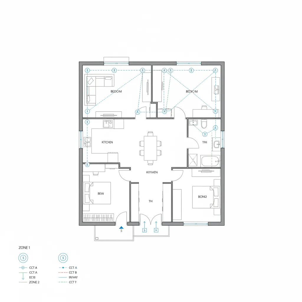 Plano de iluminación residencial con distribución de lámparas y circuitos