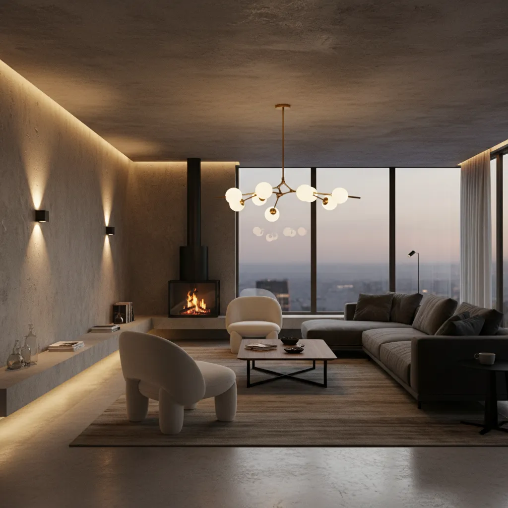 Modern living room with grey sofa white chairs fireplace large windows and round ceiling light