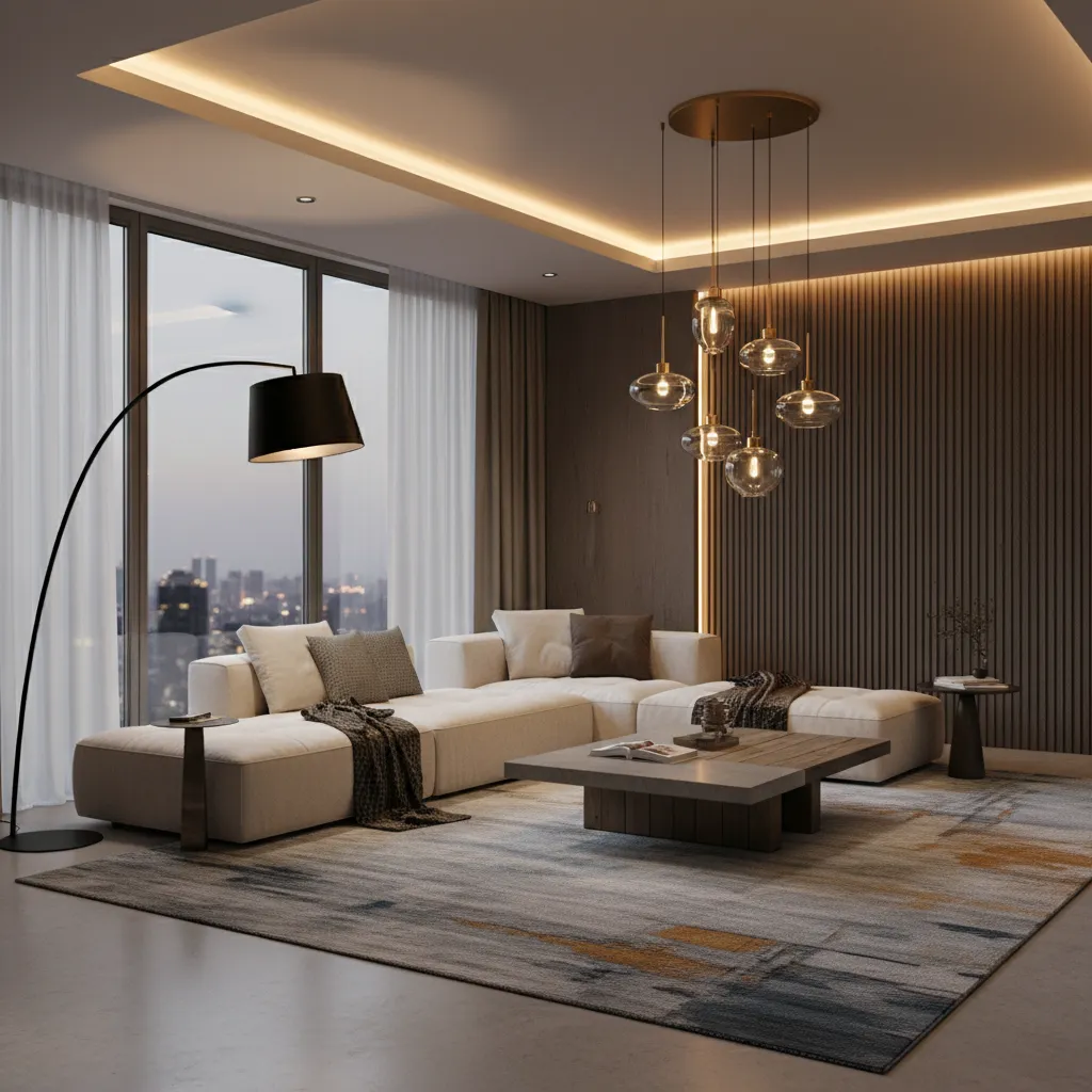 Diferentes capas de iluminación en un salón moderno