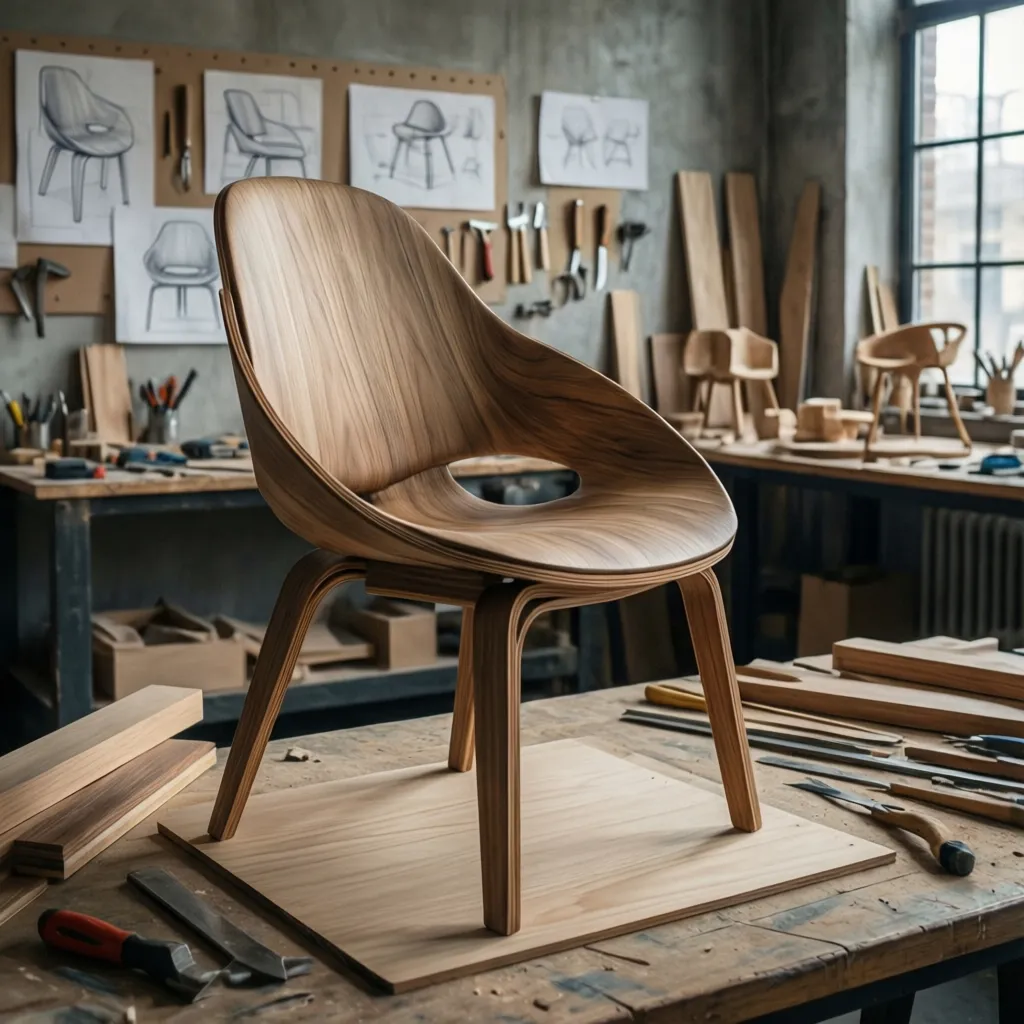 Diseñador industrial creando prototipos de mobiliario en un taller moderno