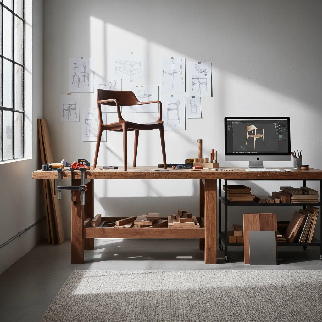 Diseñador industrial desarrollando una silla moderna en un taller