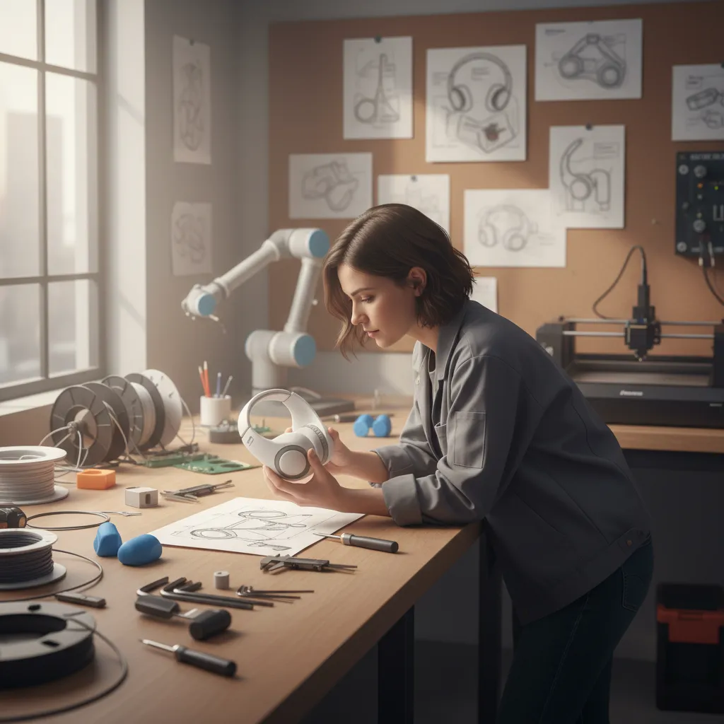 Diseñador industrial revisando un prototipo de producto en taller