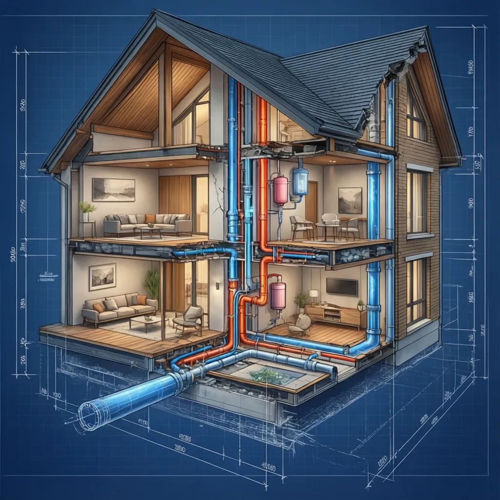 Interior design drawing showing water pipe layout inside a two story house with multiple rooms