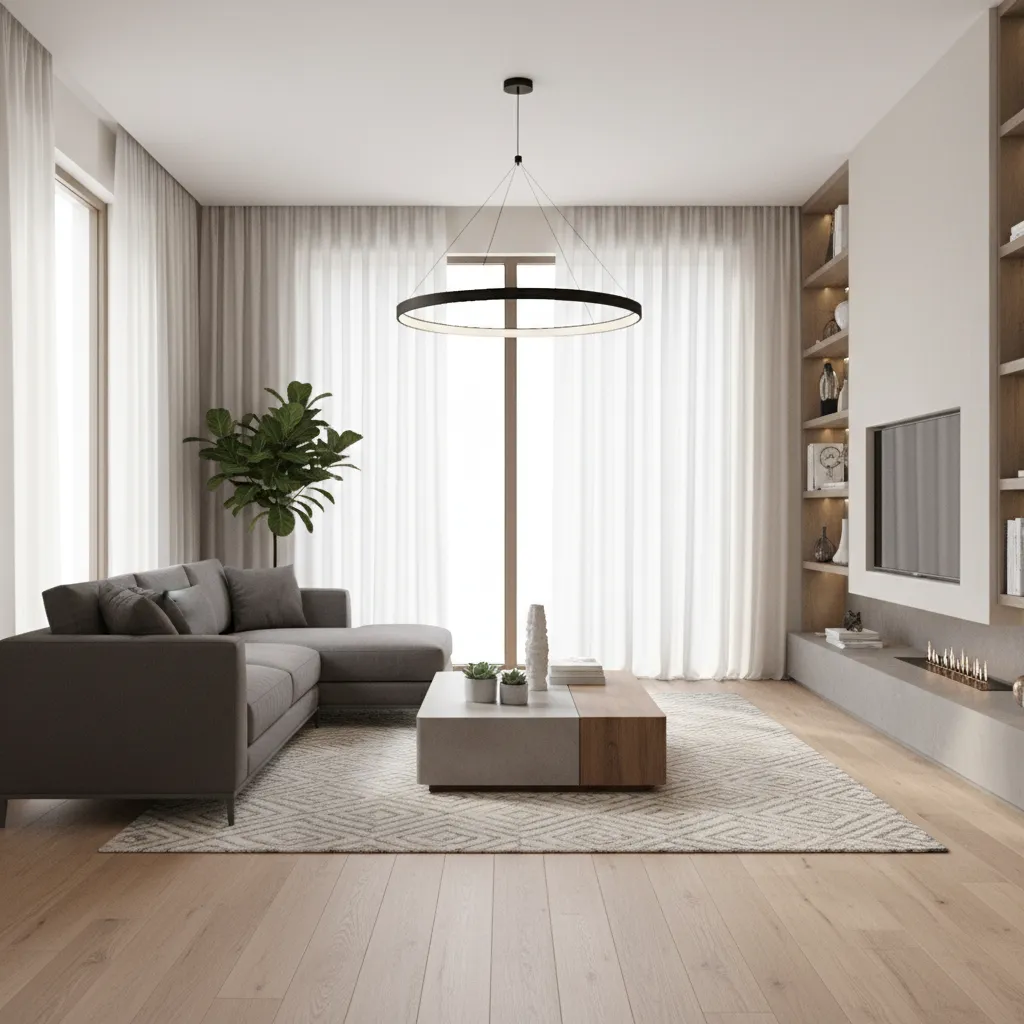 Modern living room with gray sofa wooden coffee table ring ceiling light curtains and television