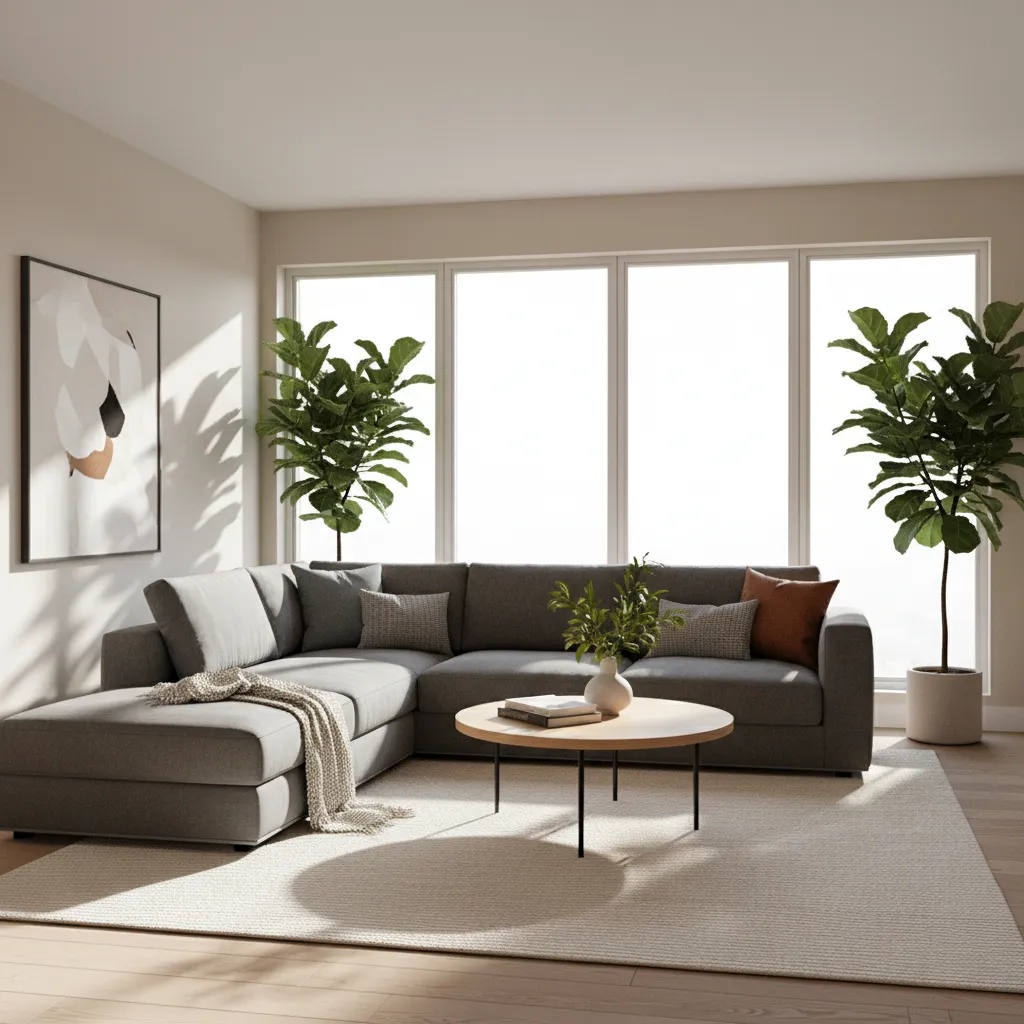 Visualización 3D de un salón moderno generado por una aplicación de diseño