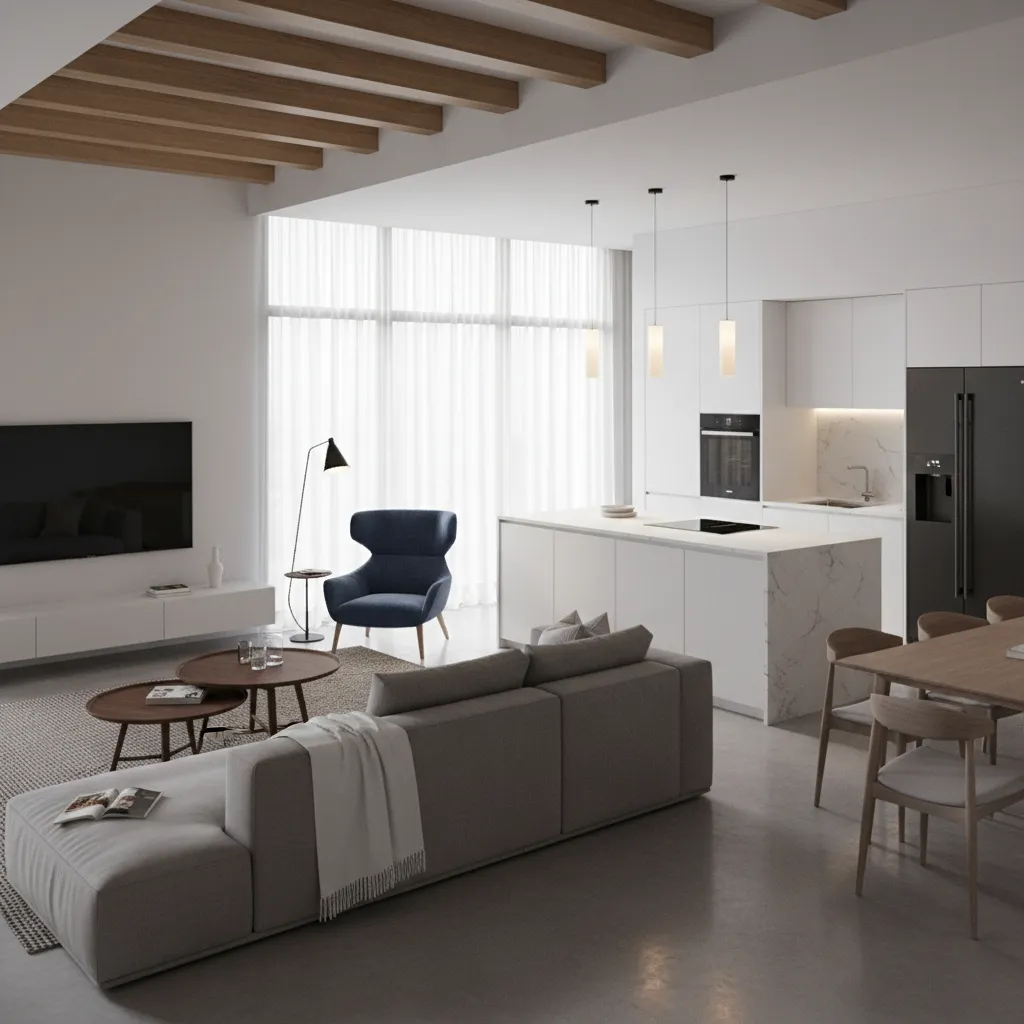 Modern open living room with grey sofa blue chair white kitchen island and wood ceiling