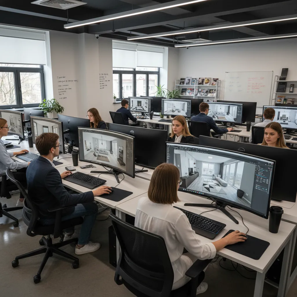 Estudiantes utilizando software 3D para diseñar interiores