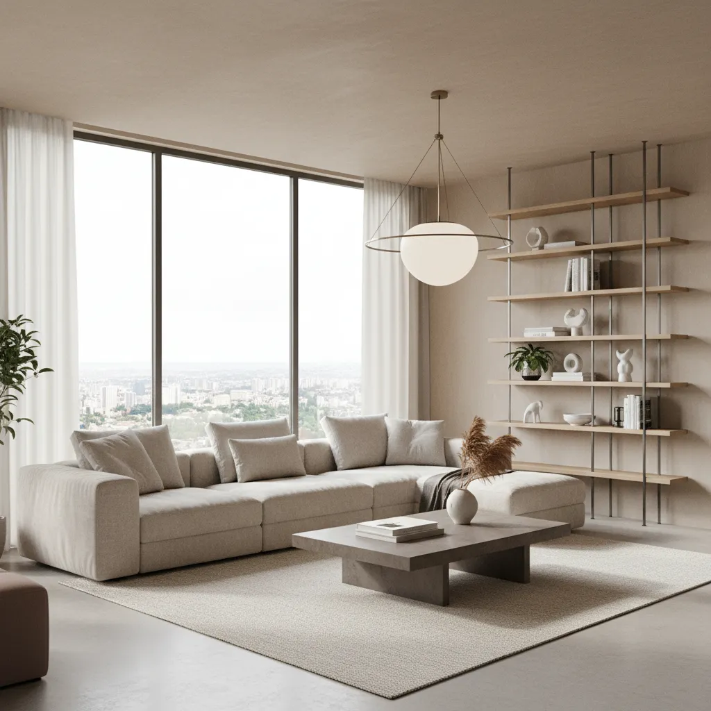 Modern living room with a large beige sofa, wooden wall shelves, ceiling light, and windows