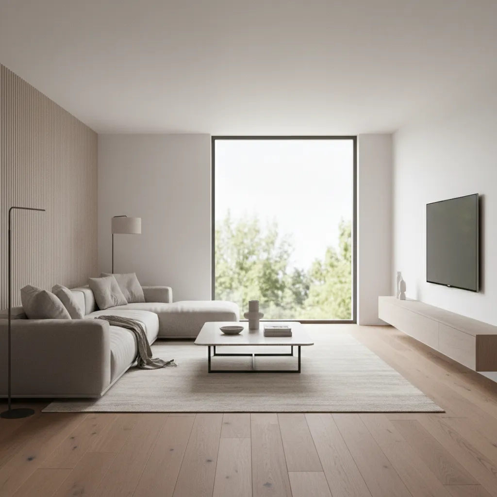 Visualización 3D de un salón moderno generado por software de diseño interior