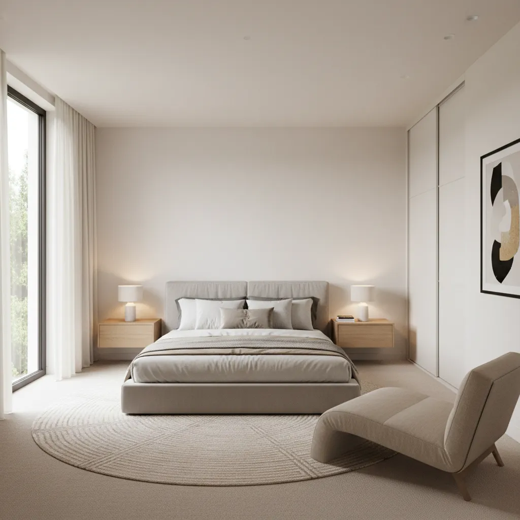 Neutral beige bedroom with large bed two bedside tables lamps round rug and comfy sofa