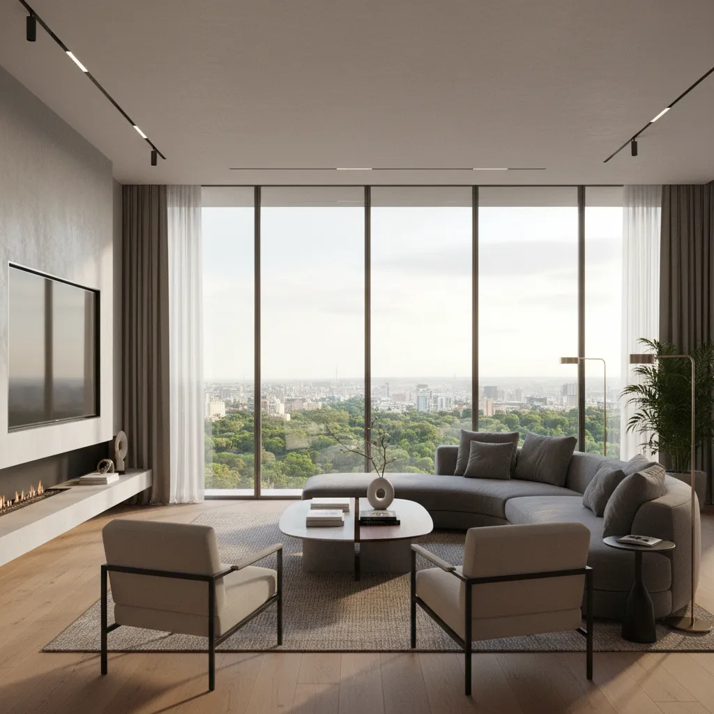 Modern living room with grey sofa, wood floor, large windows showing trees, and ceiling lights