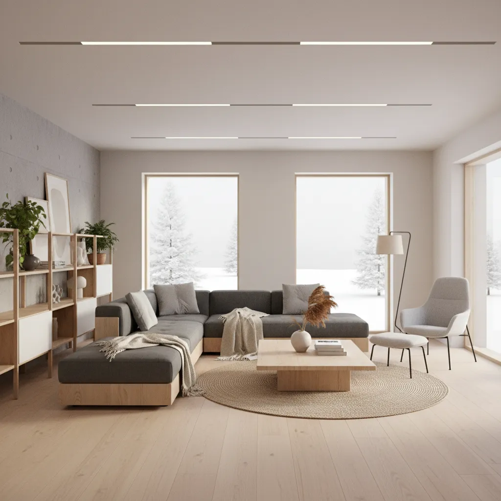 Visualización 3D de diseño interior con muebles estilo escandinavo