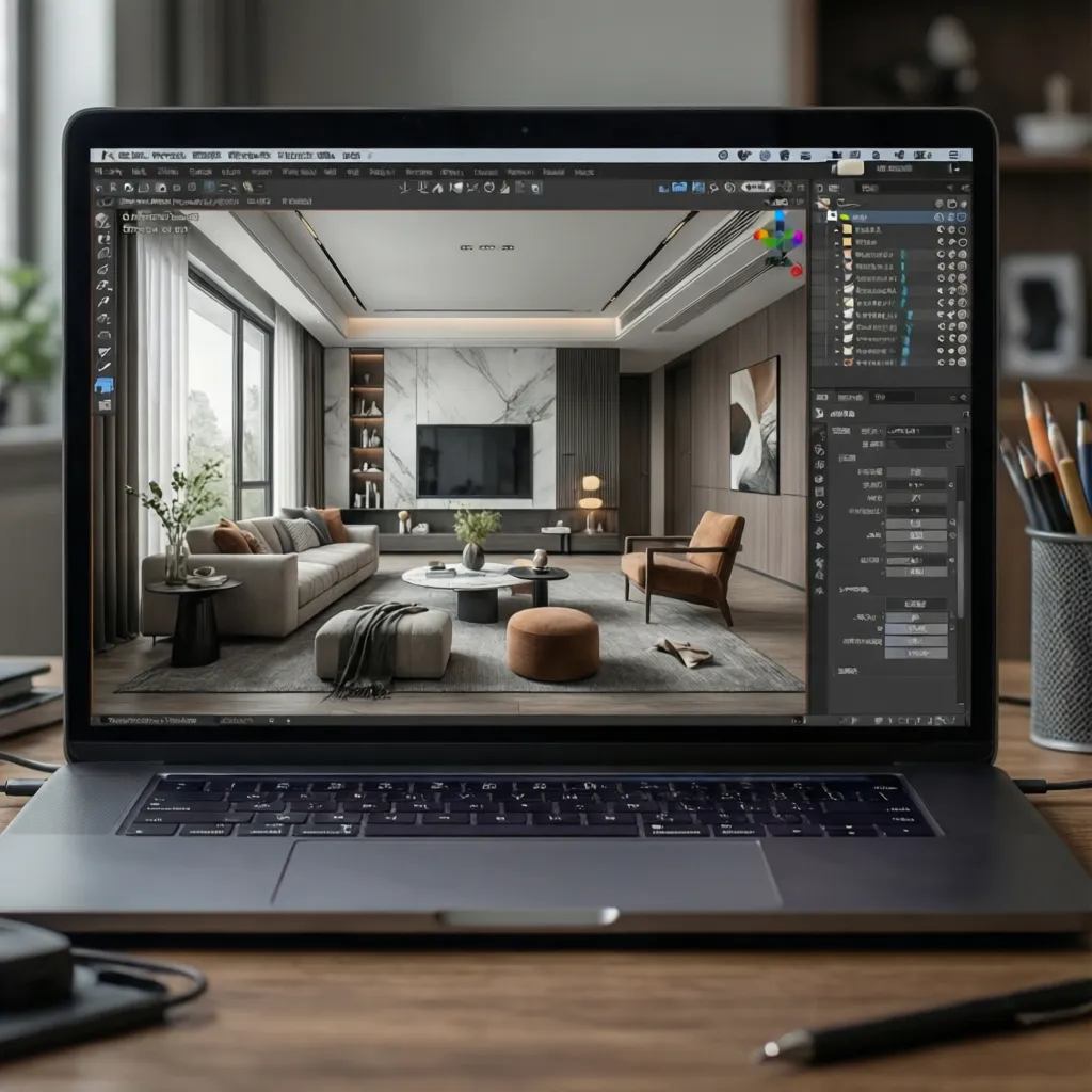 Coohom interior design software displaying a modern living room with sofa on a laptop screen