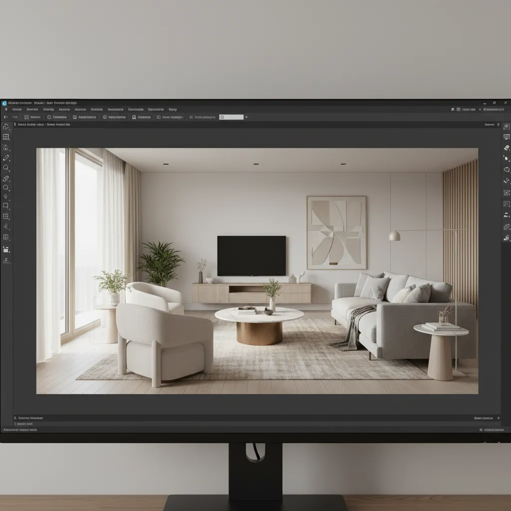 Computer monitor showing interior design software with a modern living room design drawing on screen
