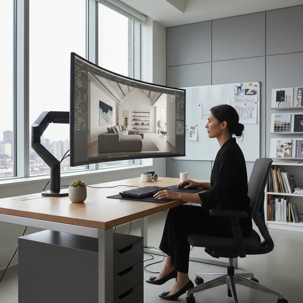 Diseñador trabajando en un modelo 3D de interior en ordenador