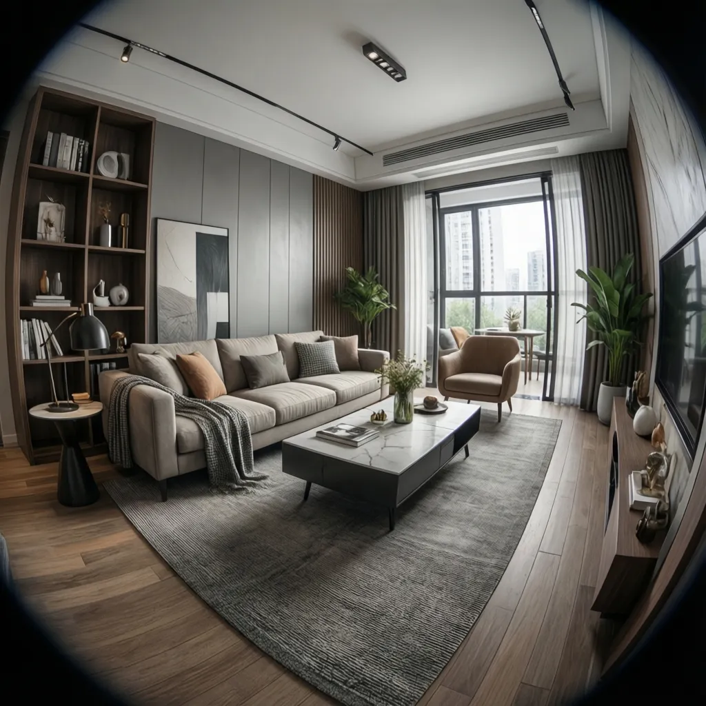 Modern living room with beige sofa marble coffee table gray rug wooden bookshelf and balcony