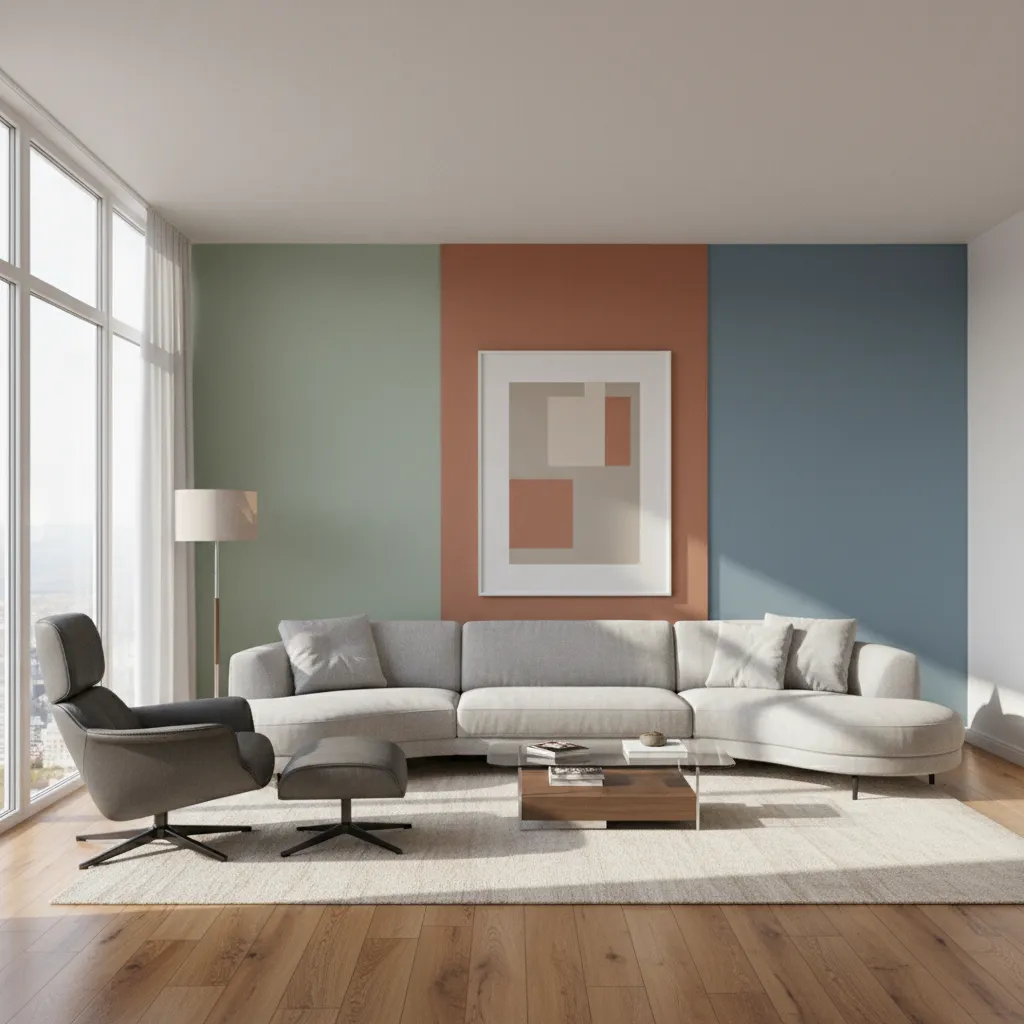 Modern living room with grey sofa footrest and colorful wall panels in green orange blue