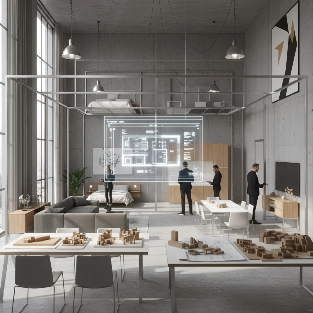 Visualización 3D de un interior moderno con estructuras de aluminio